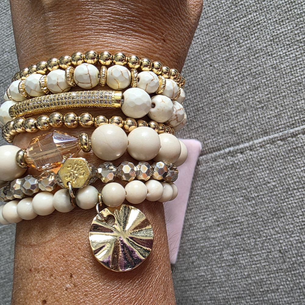 Gold and White Beaded Bracelet Set